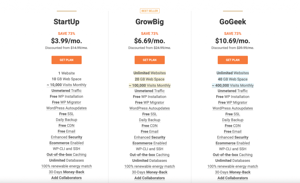 SiteGround pricing plans for WordPress hosting